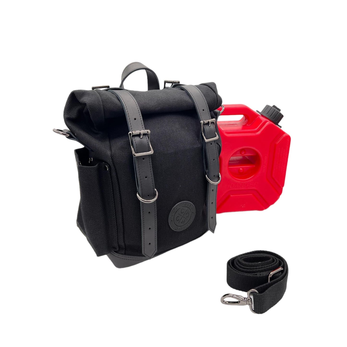 Roll-Top Saddlebag (Black) + 3L Fuel Jug